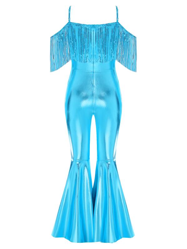Girls Sequin Party Jumpsuit Spaghetti Strap High Waist Flared Leg Prom Costume thumb