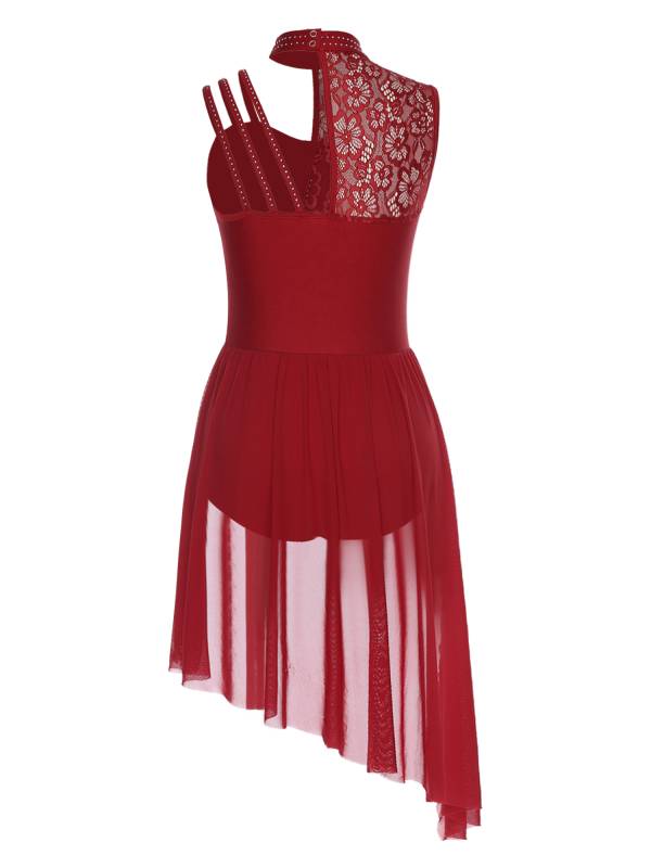 Women Floral Lace Lyrical Dance Dress Sleeveless Asymmetrical Jazz Costume thumb