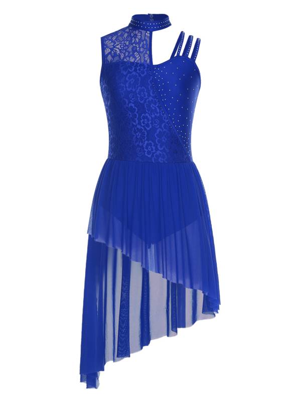 Women Floral Lace Lyrical Dance Dress Sleeveless Asymmetrical Jazz Costume thumb
