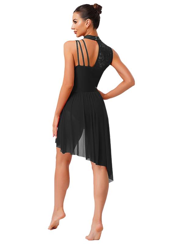 Women Floral Lace Lyrical Dance Dress Sleeveless Asymmetrical Jazz Costume thumb