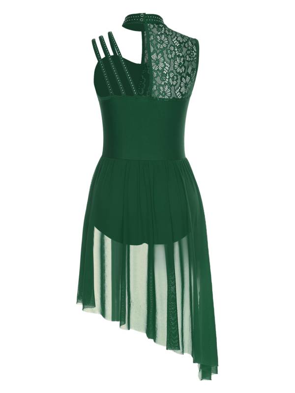 Women Floral Lace Lyrical Dance Dress Sleeveless Asymmetrical Jazz Costume thumb