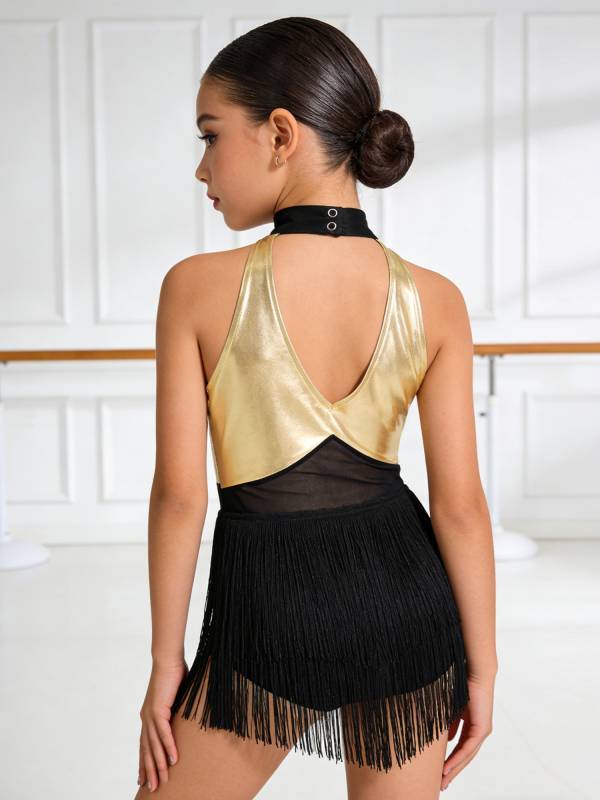 Girls Sequin Tassels Latin Dance Dress Cha-cha Sleeveless Salsa Dance Costume thumb
