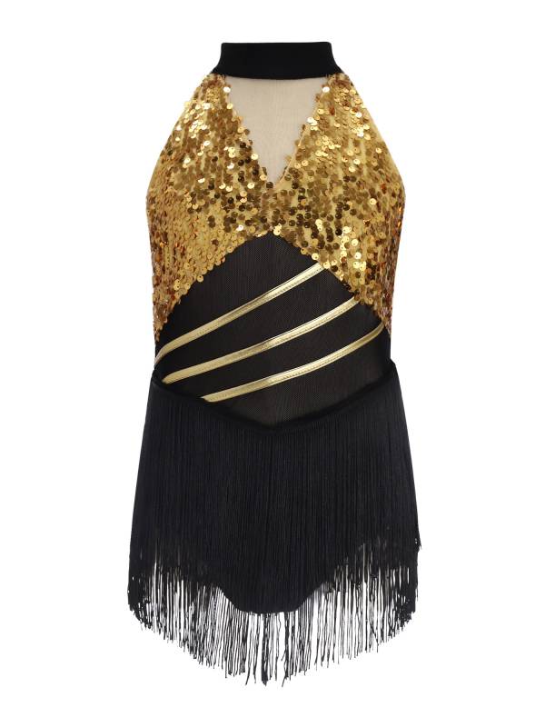 Girls Sequin Tassels Latin Dance Dress Cha-cha Sleeveless Salsa Dance Costume thumb