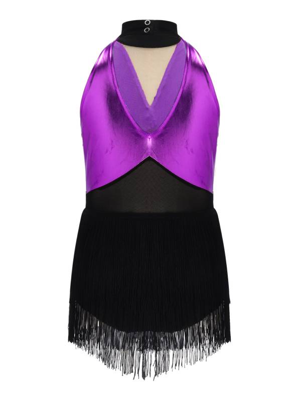 Girls Sequin Tassels Latin Dance Dress Cha-cha Sleeveless Salsa Dance Costume thumb