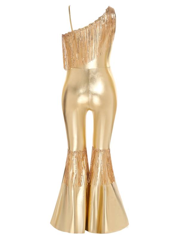 Girls Off-the-Shoulder Sequin Flared Jumpsuit Tassels High Waist Pageant Wear thumb