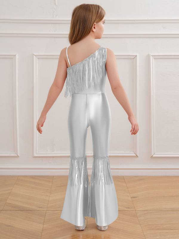Girls Off-the-Shoulder Sequin Flared Jumpsuit Tassels High Waist Pageant Wear thumb