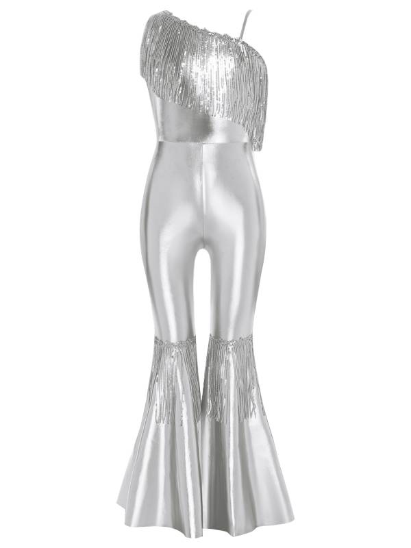 Girls Off-the-Shoulder Sequin Flared Jumpsuit Tassels High Waist Pageant Wear thumb
