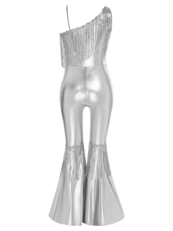 Girls Off-the-Shoulder Sequin Flared Jumpsuit Tassels High Waist Pageant Wear thumb
