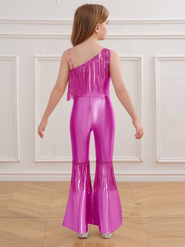 Girls Off-the-Shoulder Sequin Flared Jumpsuit Tassels High Waist Pageant Wear thumb