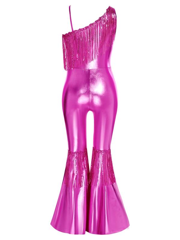 Girls Off-the-Shoulder Sequin Flared Jumpsuit Tassels High Waist Pageant Wear thumb