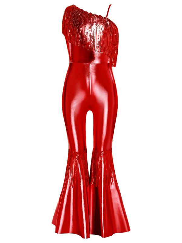 Girls Off-the-Shoulder Sequin Flared Jumpsuit Tassels High Waist Pageant Wear thumb