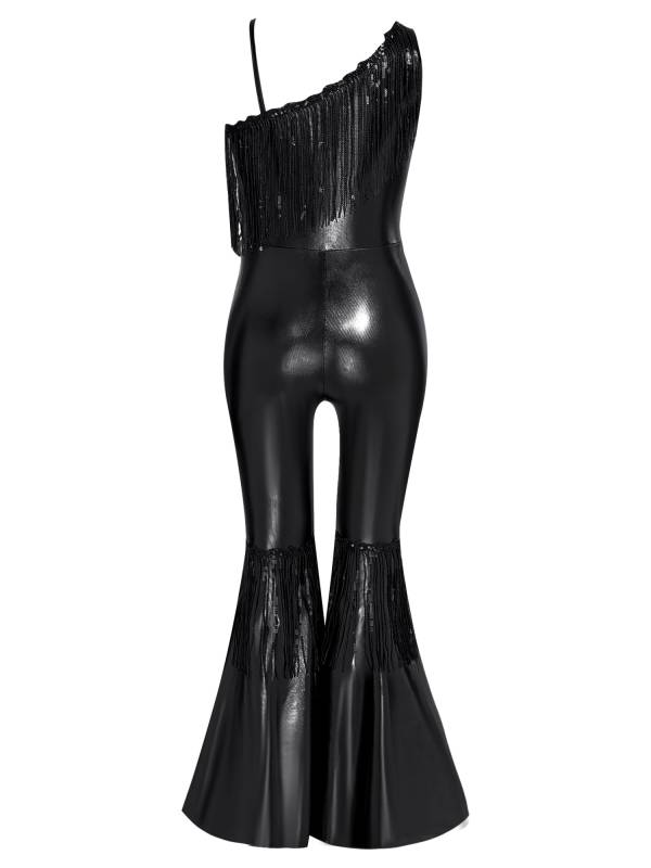 Girls Off-the-Shoulder Sequin Flared Jumpsuit Tassels High Waist Pageant Wear thumb
