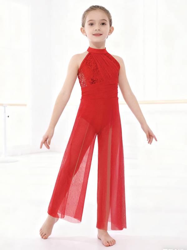 Kids Girls Lyrical Dance Jumpsuit Rhinestone Sleeveless Side Slit Ballet Leotard thumb