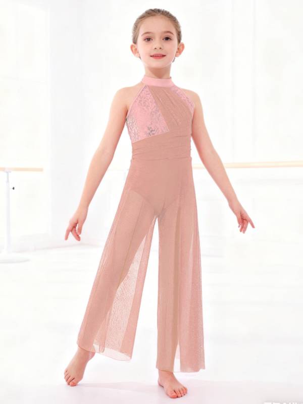Kids Girls Lyrical Dance Jumpsuit Rhinestone Sleeveless Side Slit Ballet Leotard thumb