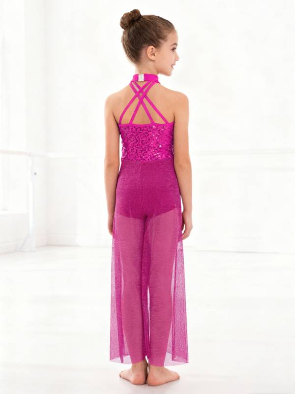 Kids Girls Lyrical Dance Jumpsuit Rhinestone Sleeveless Side Slit Ballet Leotard thumb