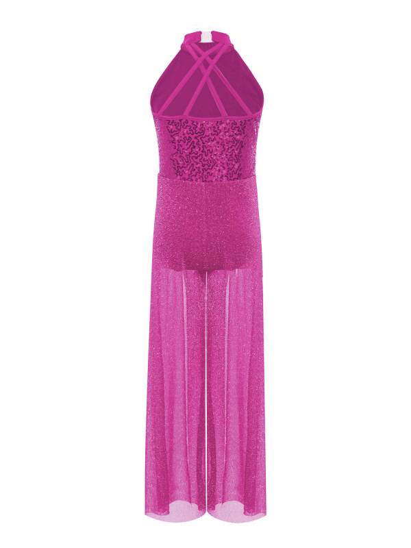 Kids Girls Lyrical Dance Jumpsuit Rhinestone Sleeveless Side Slit Ballet Leotard thumb