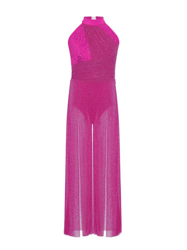 Kids Girls Lyrical Dance Jumpsuit Rhinestone Sleeveless Side Slit Ballet Leotard thumb
