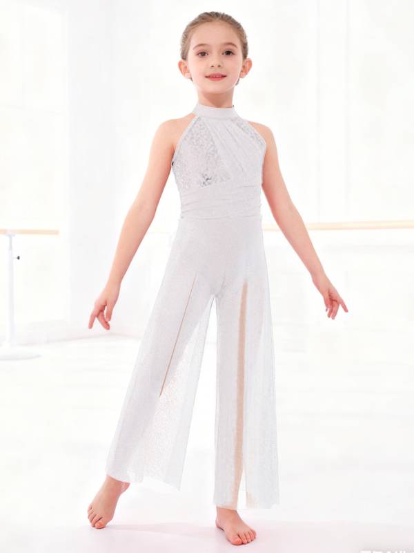 Kids Girls Lyrical Dance Jumpsuit Rhinestone Sleeveless Side Slit Ballet Leotard thumb