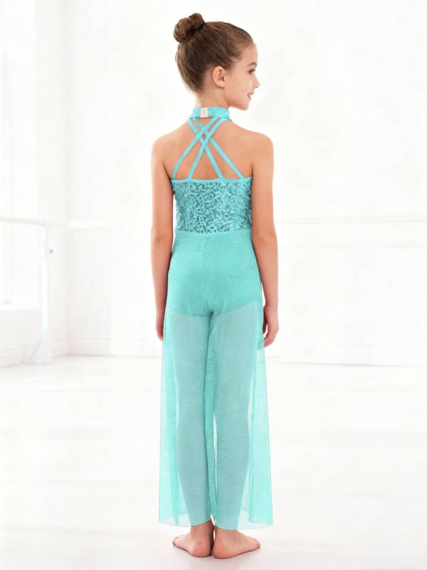 Kids Girls Lyrical Dance Jumpsuit Rhinestone Sleeveless Side Slit Ballet Leotard thumb