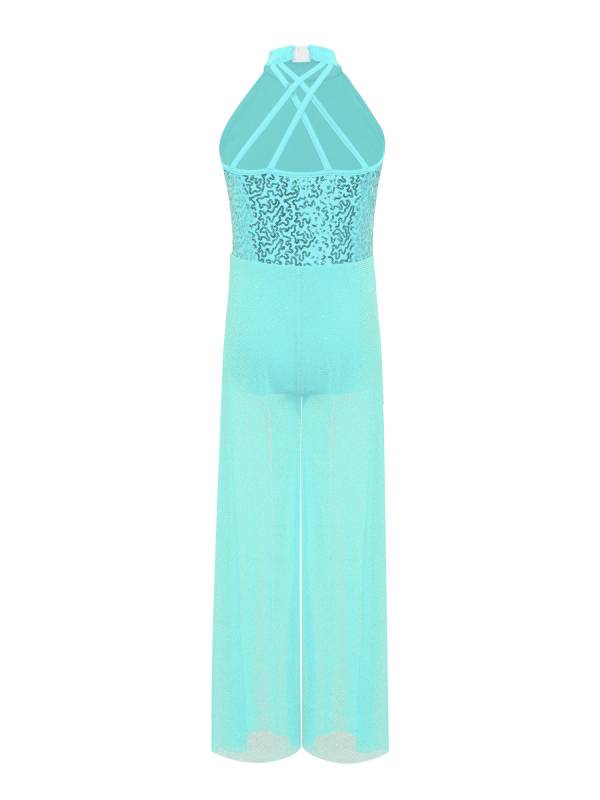 Kids Girls Lyrical Dance Jumpsuit Rhinestone Sleeveless Side Slit Ballet Leotard thumb