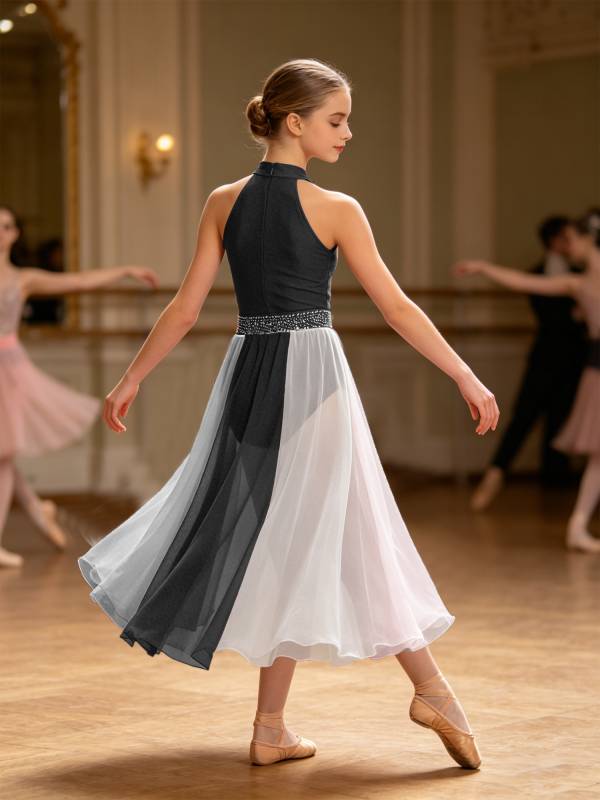 Girls Rhinestone Sleeveless Chiffon Lyrical Dance Dress for Performance thumb