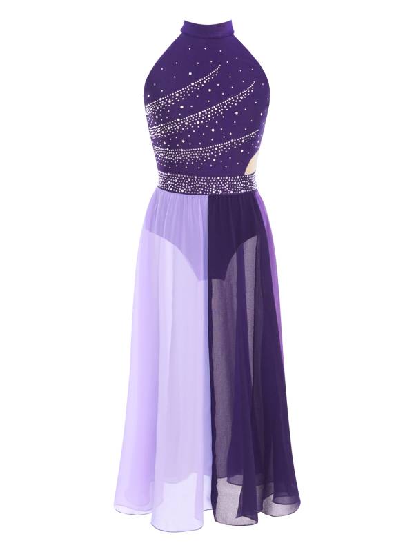 Girls Rhinestone Sleeveless Chiffon Lyrical Dance Dress for Performance thumb