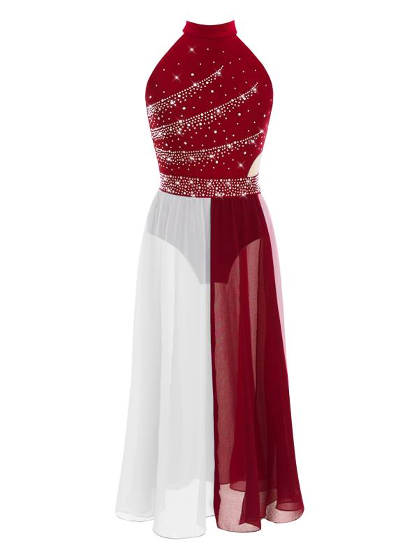 Girls Rhinestone Sleeveless Chiffon Lyrical Dance Dress for Performance thumb