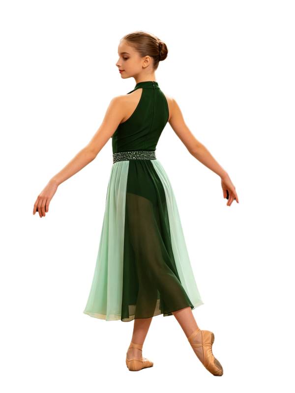 Girls Rhinestone Sleeveless Chiffon Lyrical Dance Dress for Performance thumb