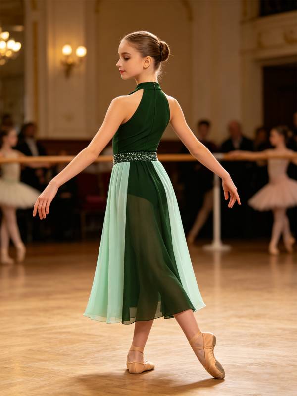 Girls Rhinestone Sleeveless Chiffon Lyrical Dance Dress for Performance thumb