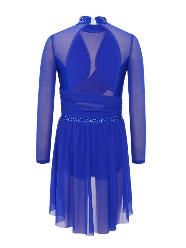 Kids Girls Long Sleeve Cutout Back Rhinestone Lyrical Dance Dress thumb