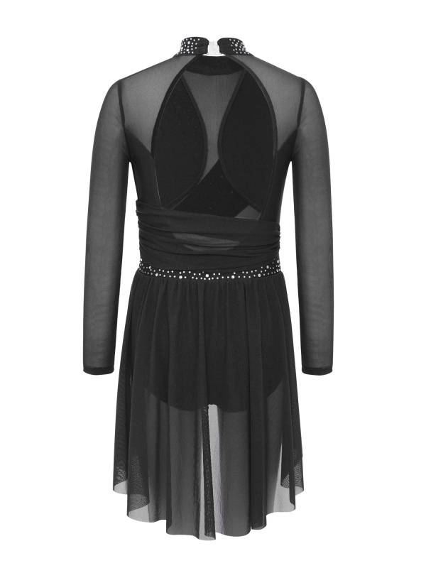 Kids Girls Long Sleeve Cutout Back Rhinestone Lyrical Dance Dress thumb