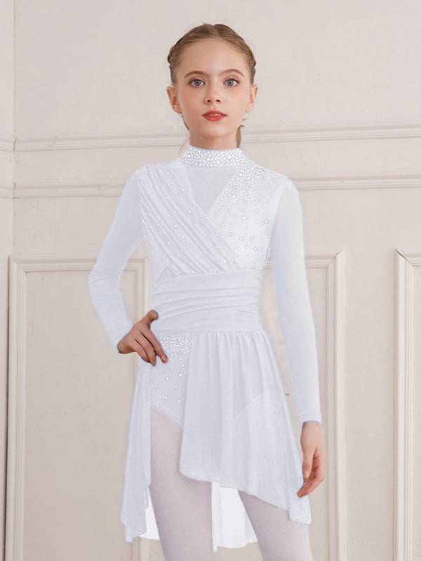 Kids Girls Long Sleeve Cutout Back Rhinestone Lyrical Dance Dress thumb