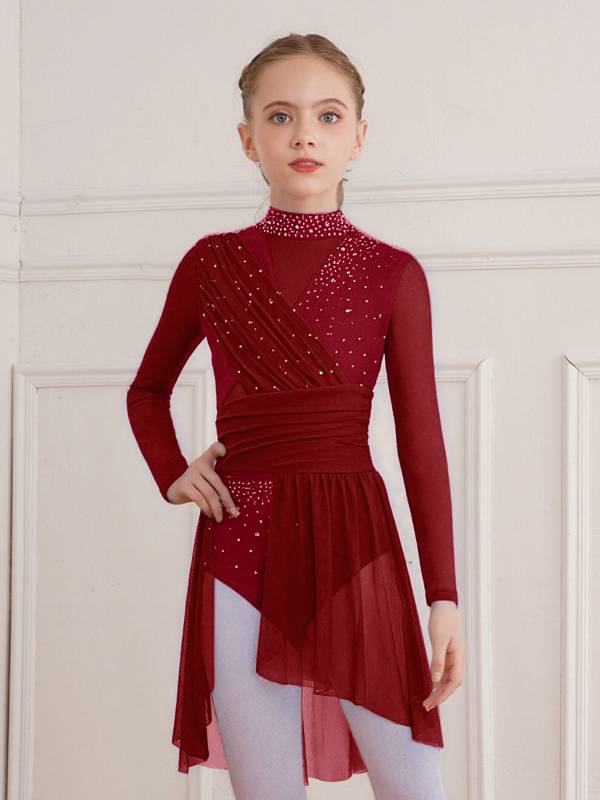 Kids Girls Long Sleeve Cutout Back Rhinestone Lyrical Dance Dress thumb