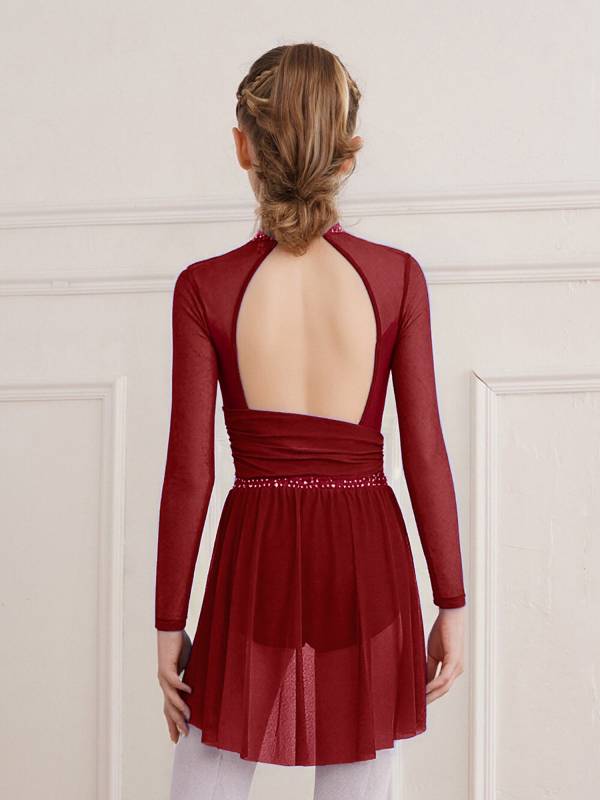 Kids Girls Long Sleeve Cutout Back Rhinestone Lyrical Dance Dress thumb
