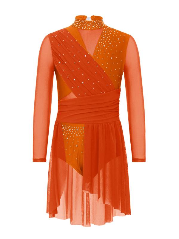 Kids Girls Long Sleeve Cutout Back Rhinestone Lyrical Dance Dress thumb