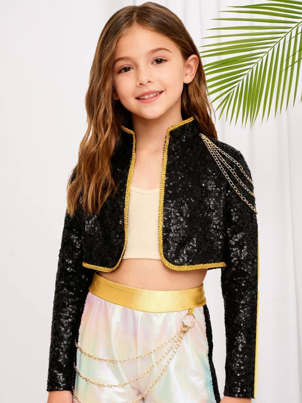 Girls Pop Star Sequin Stage Jacket with Chain Decor for Jazz Dance & Cosplay thumb