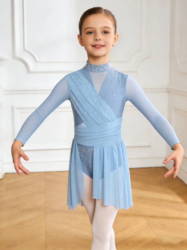 Kids Girls Long Sleeve Cutout Back Rhinestone Lyrical Dance Dress thumb