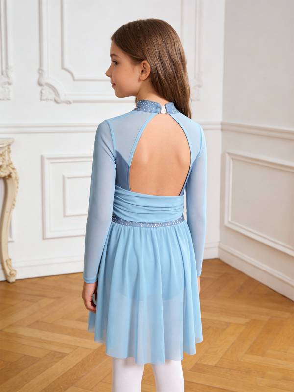 Kids Girls Long Sleeve Cutout Back Rhinestone Lyrical Dance Dress thumb