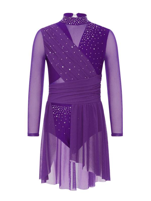 Kids Girls Long Sleeve Cutout Back Rhinestone Lyrical Dance Dress thumb