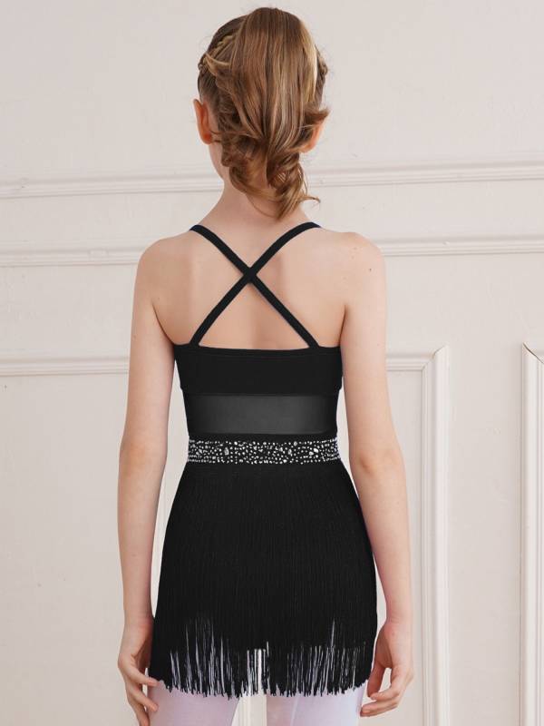 Kids Girls Rhinestone Sleeveless Fringed Latin Tango Dance Leotard Dress thumb