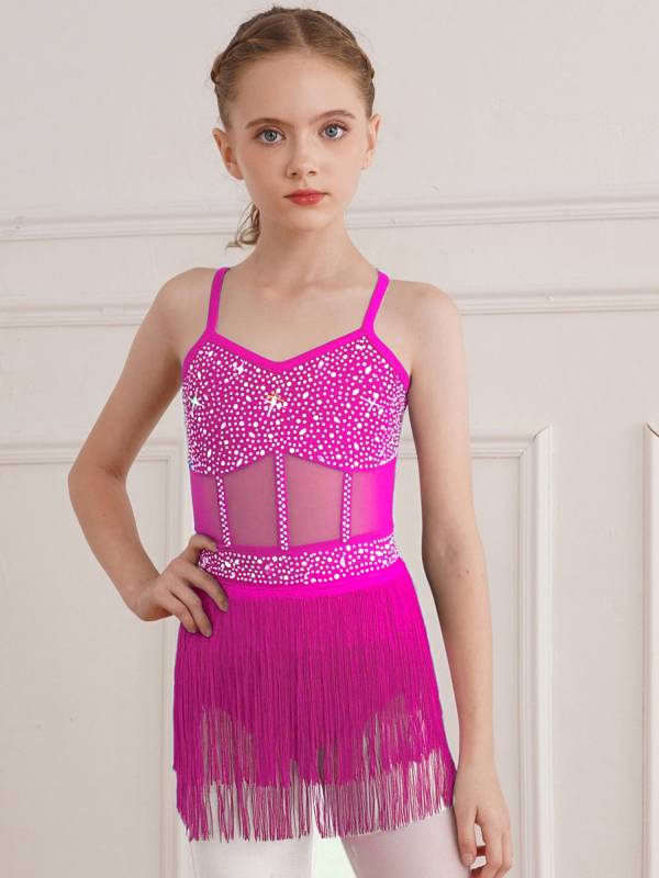 Kids Girls Rhinestone Sleeveless Fringed Latin Tango Dance Leotard Dress thumb