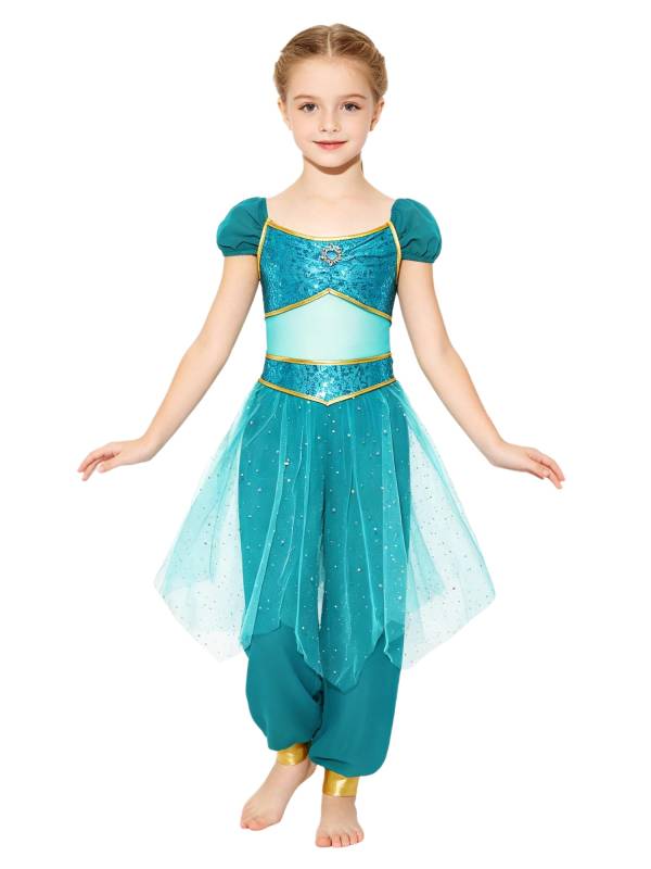 Girls Arabian Princess Tulle Jumpsuit Sequin Costume for Halloween, Belly Dance thumb