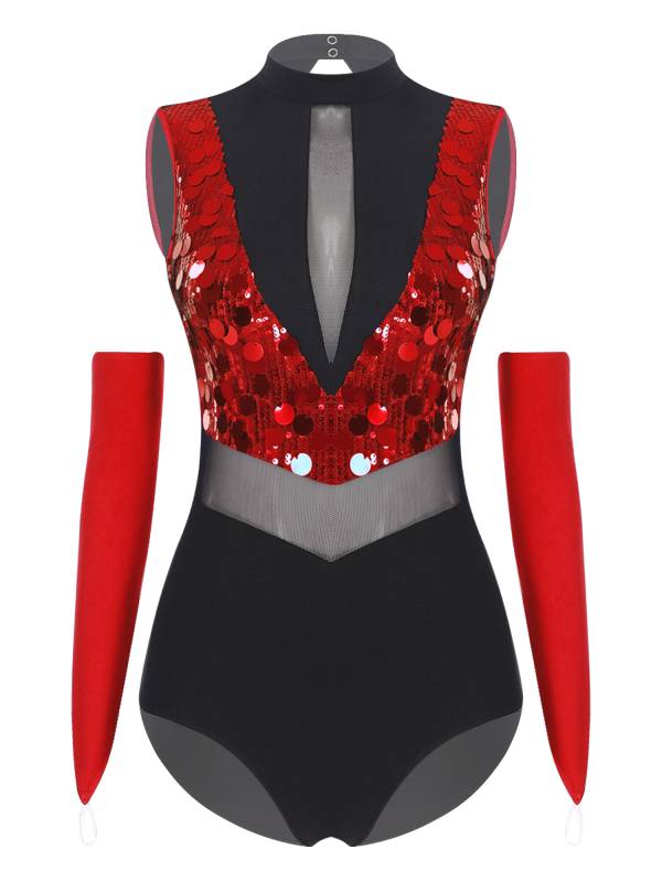 Women Sequin Sleeveless Latin Jazz Dance Leotard with Gloves thumb
