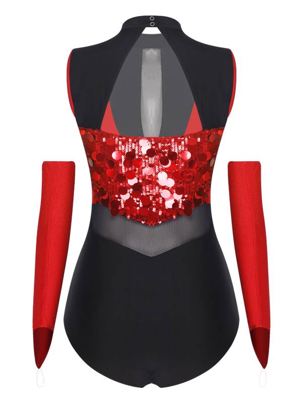 Women Sequin Sleeveless Latin Jazz Dance Leotard with Gloves thumb