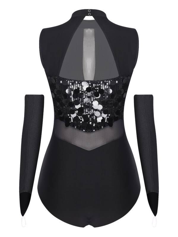 Women Sequin Sleeveless Latin Jazz Dance Leotard with Gloves thumb
