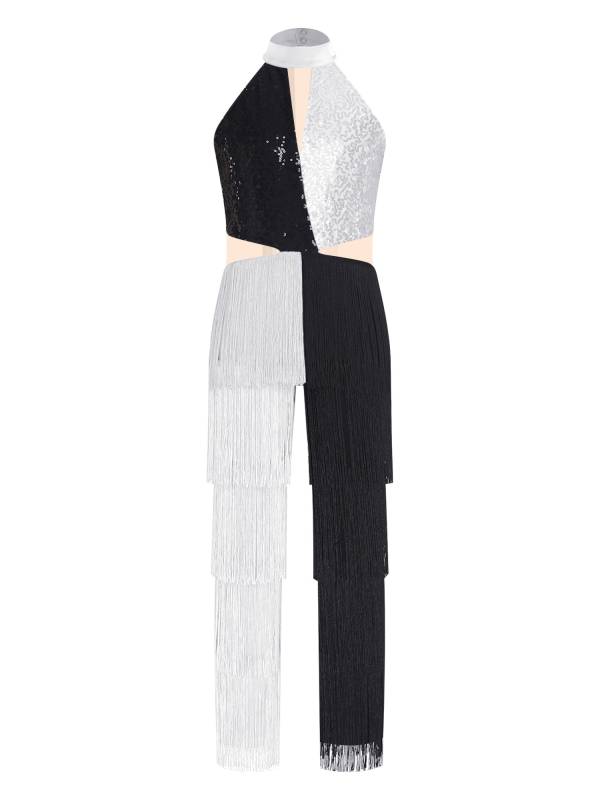 Girls Sequined Tassel Latin Dance Jumpsuit Sleeveless Jazz Disco Leotard thumb