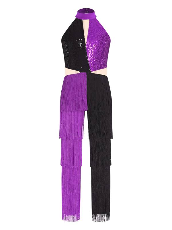 Girls Sequined Tassel Latin Dance Jumpsuit Sleeveless Jazz Disco Leotard thumb