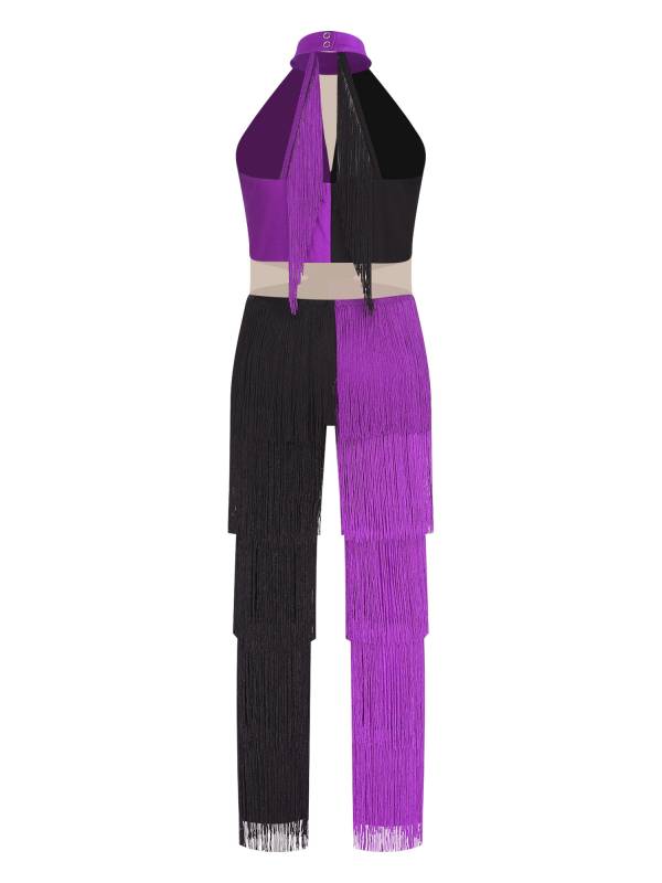 Girls Sequined Tassel Latin Dance Jumpsuit Sleeveless Jazz Disco Leotard thumb