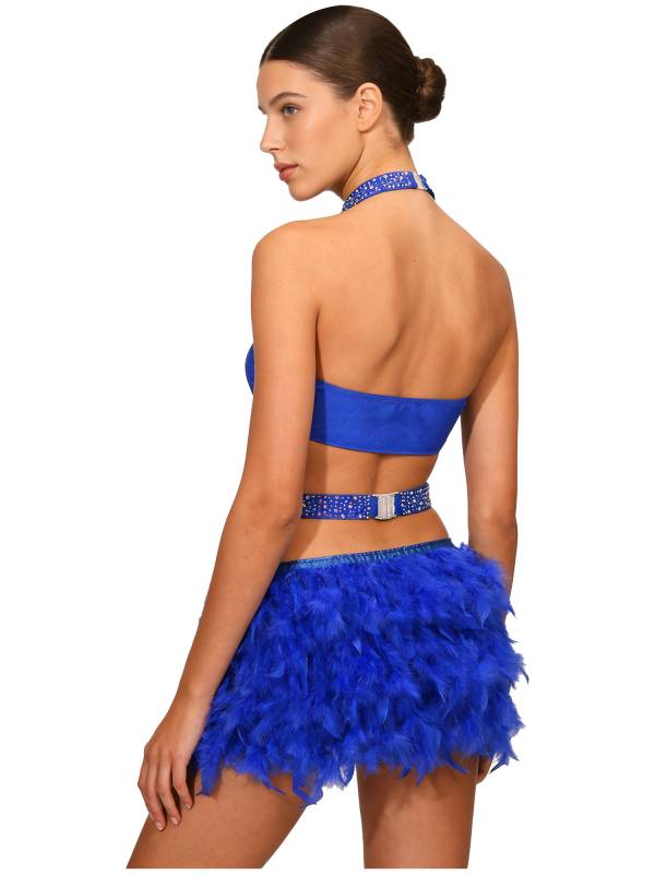 Women Rhinestone Feather Halter Jazz Latin Dance Leotard for Cha-Cha, Rumba thumb