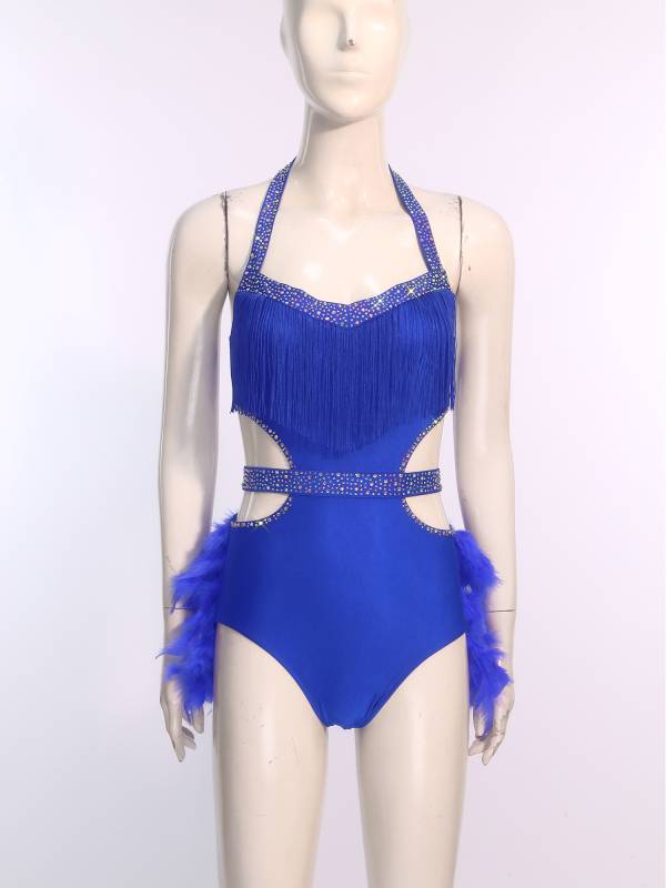 Women Rhinestone Feather Halter Jazz Latin Dance Leotard for Cha-Cha, Rumba thumb